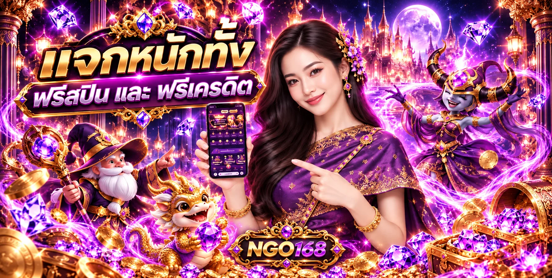 ภาพแนะนำสล็อตออนไลน์ NGO168 พร้อมตัวละครแฟนตาซี